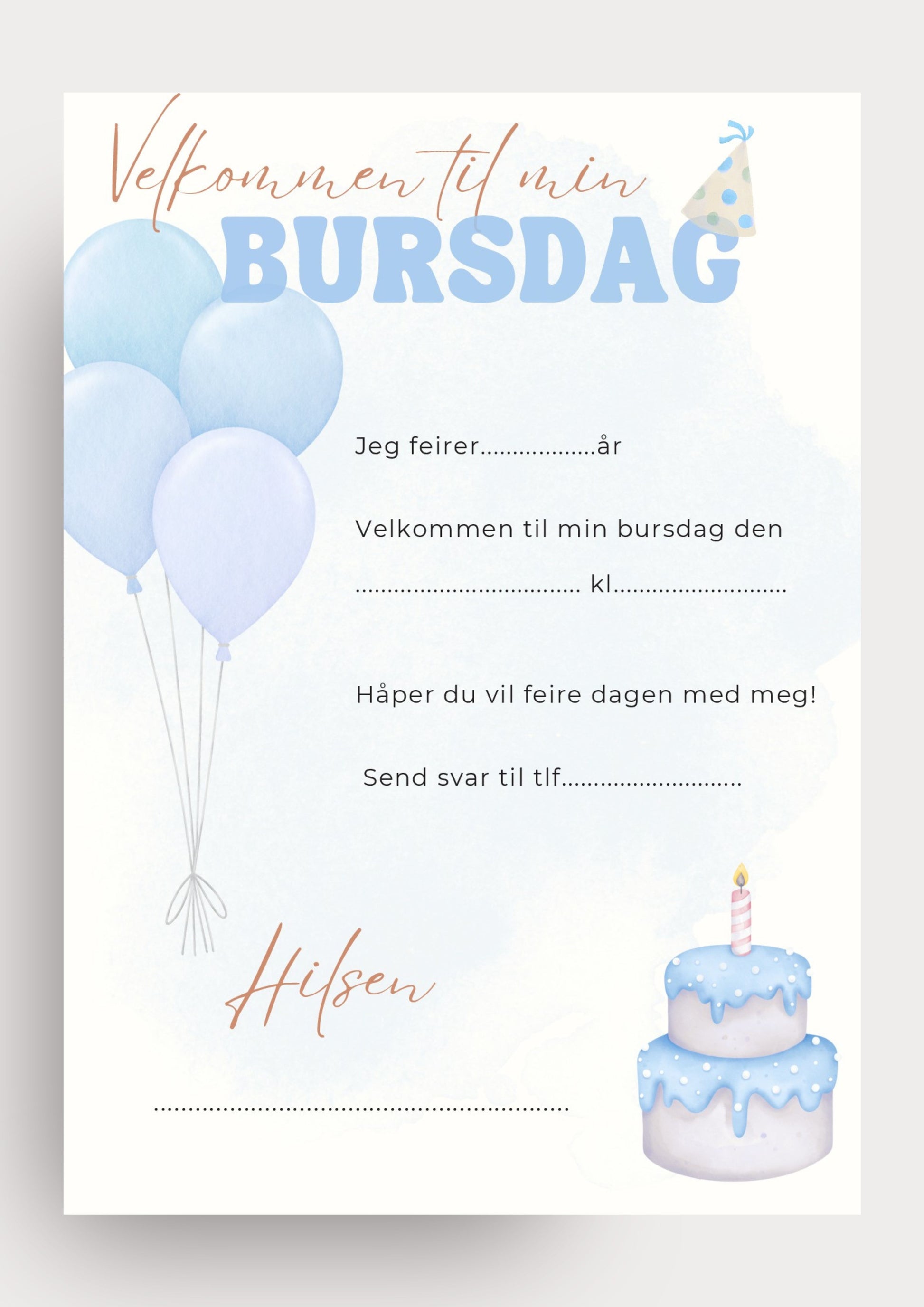 Bursdagsinvitasjon med ballonger - blå