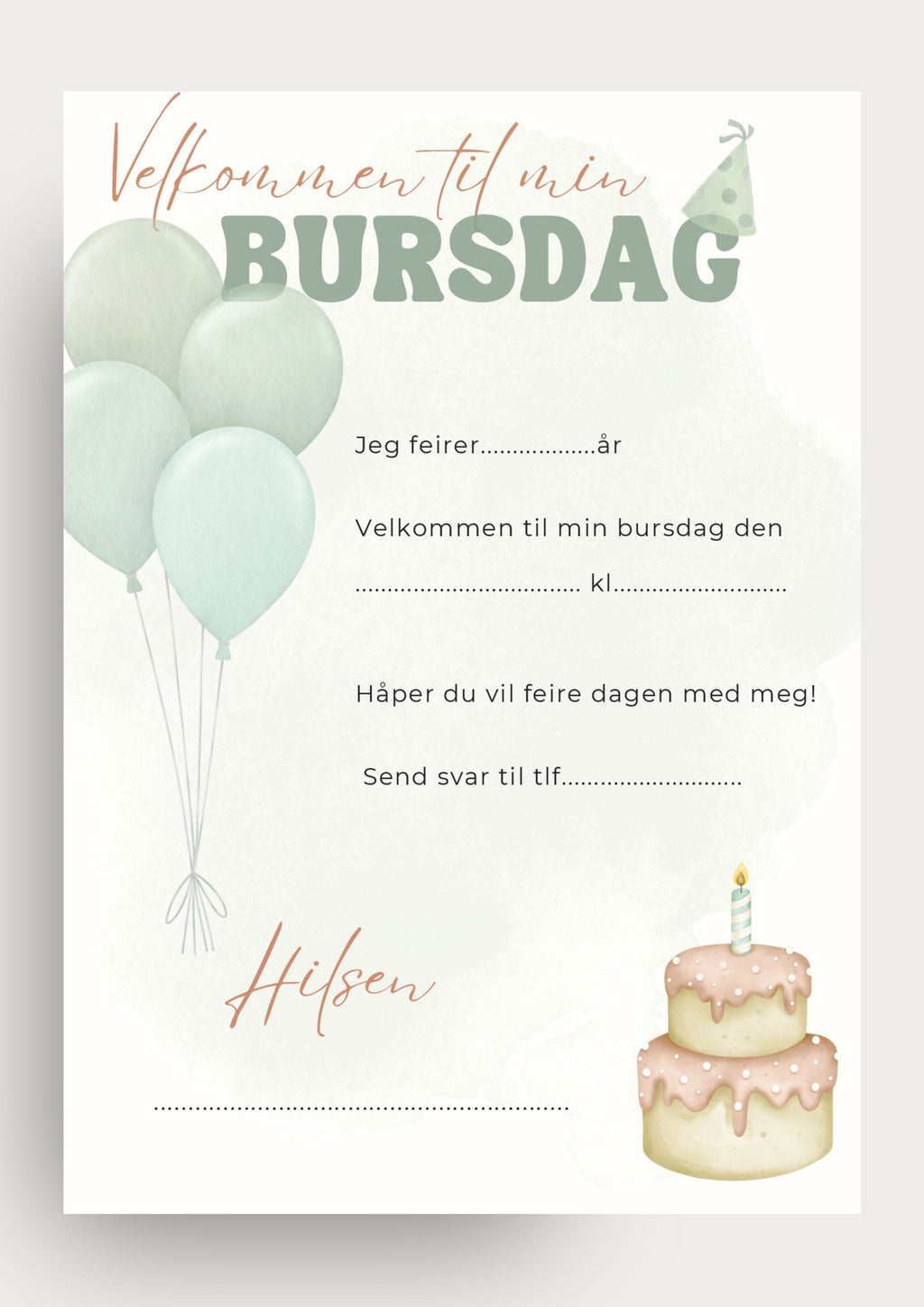 Bursdagsinvitasjon med ballonger - grøn